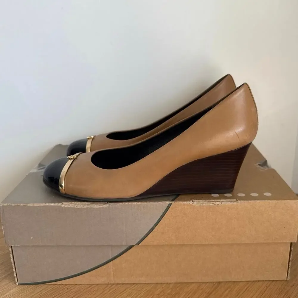 Tory Burch Pacey Tan/Patent Black Cap Toe Women Wedge Heels - SZ 9.5